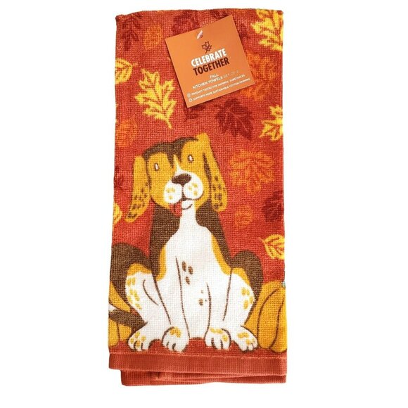 New Fall Dog Kitchen Towel Set 2-Pack Puppy Beagle Autumn Leaves Pumpkins Gourds - Picture 2 of 9